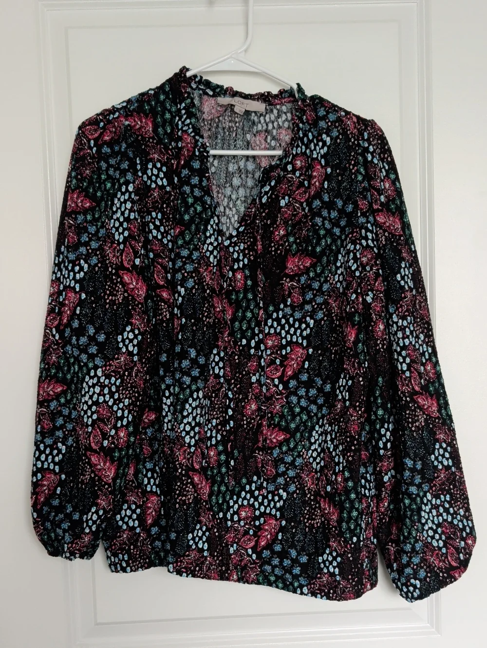 LOFT Black Floral V-Neck Puff Sleeve Blouse with Pink & Blue Accents